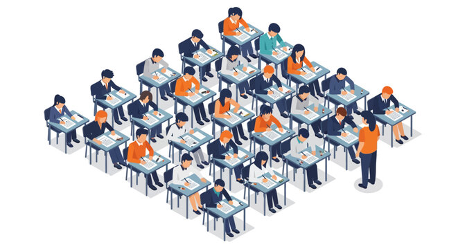Isometric classroom scene with students taking exams and teacher observing