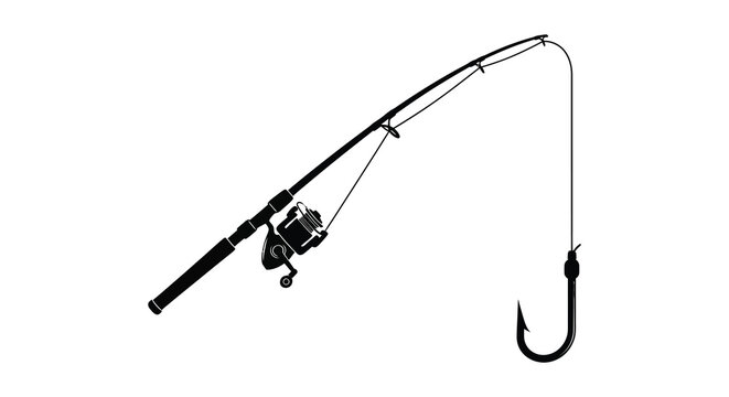 A black silhouette of a fishing rod with a curved line and hook angling downwards silhouette