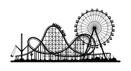 A striking black silhouette depicts a vibrant amusement park with a roller coaster and ferris wheel silhouette © nhpvect02