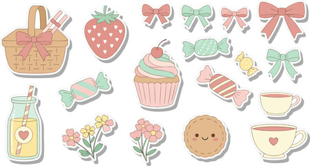 Naklejka premium Assorted Pastel Food and Drink Illustrations in Whimsical Style with Soft Color Palette on White Background for Stationery