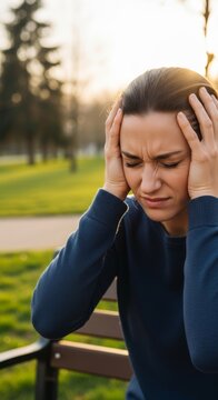 Woman with headache holding her head in pain. Stressed girl suffering from migraine or emotional distress sitting on bench outdoors. Concept of mental health issue and feeling unwell.