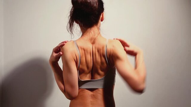 Health sport body woman doing stretching exercises for shoulders, scapula and healthy upper back, attractive body lifestyle. Fit naked muscles brunette model in bra on isolated studio light. Back view