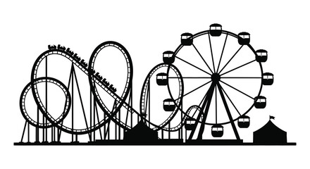 Amusement park rides including a roller coaster and ferris wheel in black silhouette high quality professional © nhpvect02