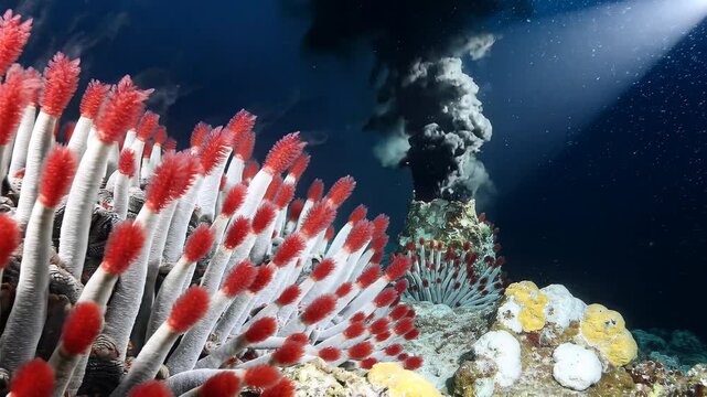 Underwater ecosystem of hydrothermal vent tube worms and marine life with light