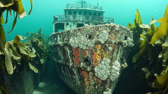 Underwater shipwreck detail with marine plants and algae