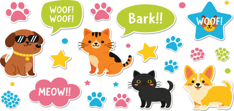 Cute Animal Stickers Icon Set Featuring Dogs, Cats, Paw Prints, and Fun Speech Bubbles in Vibrant and Playful Style