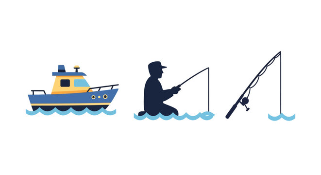 Fishing adventure icons: boat, fisherman, and rod in flat design