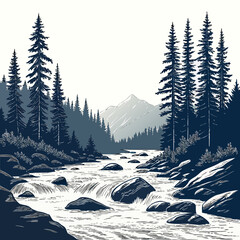 Cinematic landscape showing clear alpine river with rocks and coniferous trees © yyy