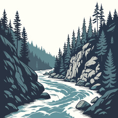 Glacial river flowing through rocky landscape with coniferous trees © yyy