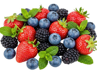 Obraz premium Mixed berries with mint leaves isolated on transparent background
