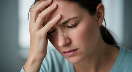 Fototapeta premium Stressed woman holding her head with hand. Tired girl suffering from headache or migraine. Sad female with emotional pain and mental burnout. Health problem and depression concept.