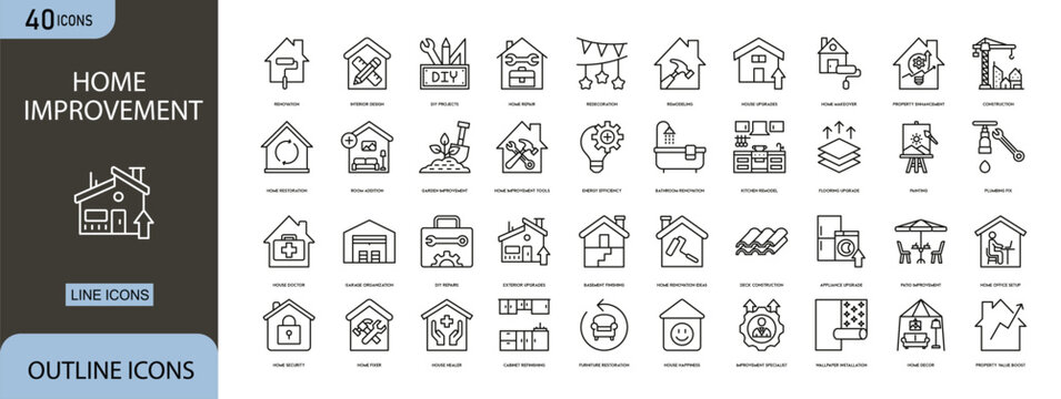 Home improvement icons set showing renovation tools, repair, painting, construction, decoration, maintenance and house upgrade concepts.