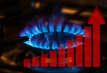 Natural Gas Price Hike and Energy Crisis Concept: Blue Gas Stove Burner with Red Bar Chart and Upward Arrow representing Inflation, High Utility Bills, and Rising Costs in Global Economy