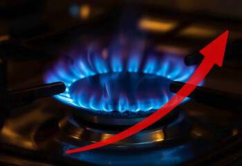 Natural Gas Price Hike and Energy Crisis Concept: Blue Gas Stove Burner with Red Curved Upward Rising Arrow representing Inflation, High Heating Bills and Growing Utility Costs in Global Economy.