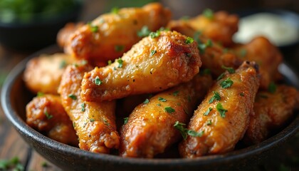 Crispy golden brown garlic parmesan chicken wings are piled in a dark bowl garnished with parsley. A perfect appetizer for parties or a hearty meal for lunch or dinner.