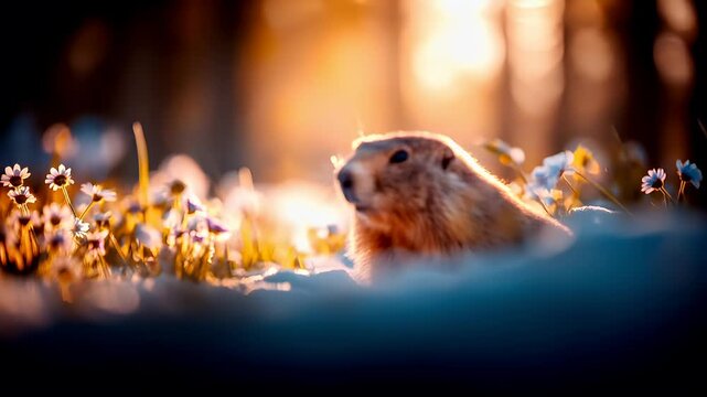 Spring snow ice thaw, end of Winter Season, hope, fresh start. A prairie groundhog, captured in a closeup shot with a shallow depth of field, focusing on its fur and the flowers in the foreground.