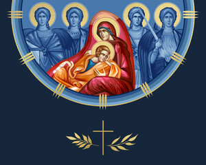 Obraz premium Jesus Christ- Eye of Providence and four cardinal points (Archangel Gabriel, Uriel, Raphael and Michael). Illustration in Byzantine style isolated