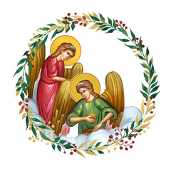 Obraz premium Angels on heaven. Decorative vintage floral wreath, illustration in Byzantine style