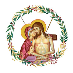 Obraz premium Jesus Christ King of Glory. Decorative vintage floral wreath, illustration in Byzantine style isolated