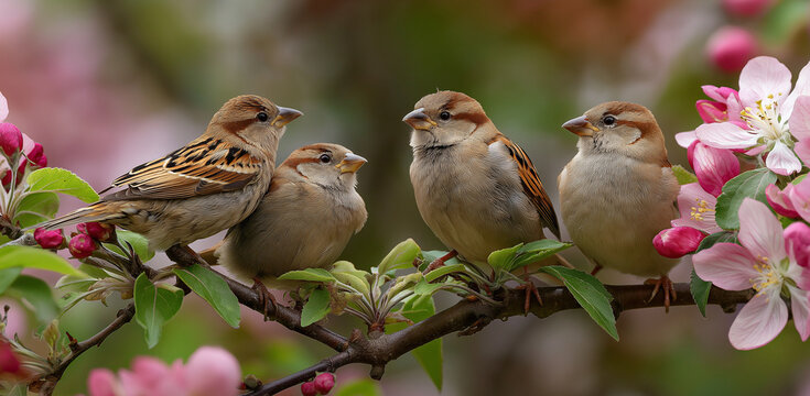a group of small, adorable sparrows perch on a branch and gaze at the pink flowers in spring, with a blurred green background
