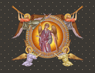 Naklejka premium Guardian angel. Decorative vintage illustration with angels in Byzantine style