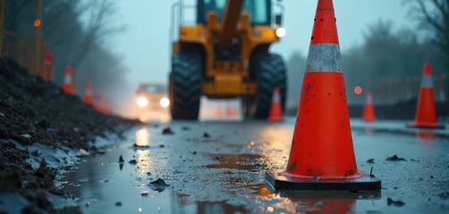 Naklejka premium Heavy machinery and traffic cones on wet road surface during rainy weather. Construction work continues in challenging conditions. Workers manage site safety amidst water and mud.