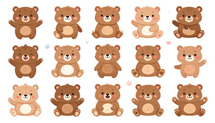 Obraz premium A set of cute cartoon bears in various poses on transparent background