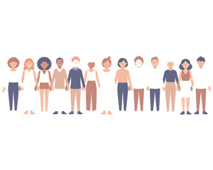 Diverse group of people standing shoulder to shoulder holding hands in a line illustration.
