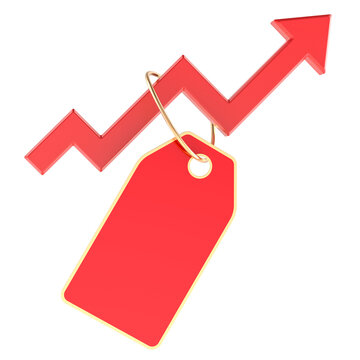 Rising price tag with upward arrow, inflation and cost increase concept. 3d rendering