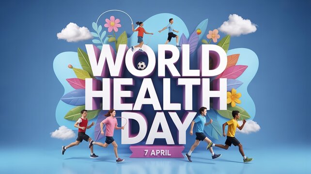 World health day poster with people running flowers and clouds on blue background promoting wellness and fitness on april 7th