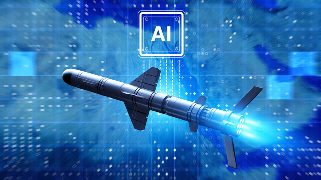 Autonomous weapons development and AI missile guidance. Artificial intelligence controls smart missile targeting system, illustrating military automation, defense technology and precision strike.