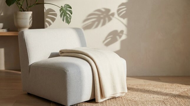 Close up of a modern minimalist armless chair with blanket and aesthetic monstera leaf sunlight shadow on a blank wall for copy space.