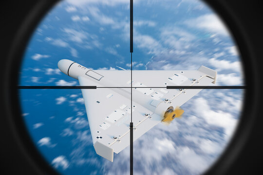 Air defense targeting and drone interception. Shahed loitering munition UAV tracked through sniper scope, representing aerial threat detection, military surveillance and counter drone warfare.