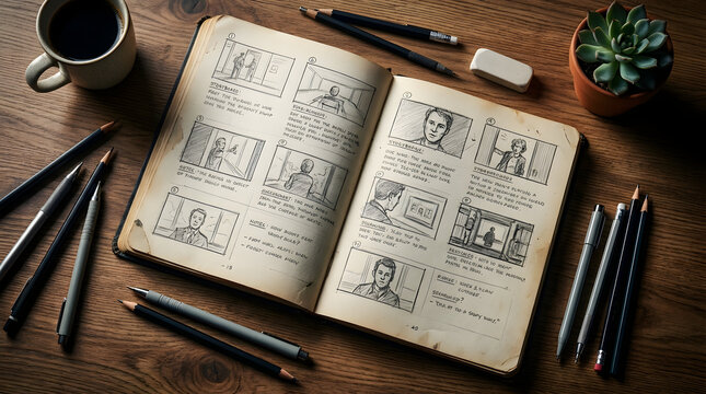 Storyboard notebook on a wooden desk with a cup of coffee pencil and eraser for creative film or animation planning