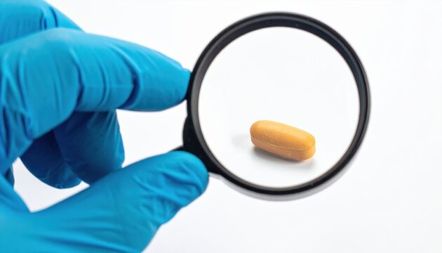 Gloved hand holds magnifying glass to examine a single yellow pill, showcasing meticulous medical inspection and research detail