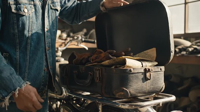 Man attaching leather motorcycle saddlebag in workshop