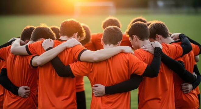 A group of men in orange shirts stand together in a huddle on a sports field.