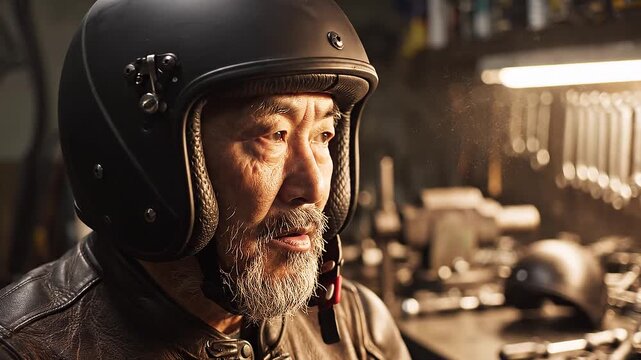 Man in motorcycle gear cleaning visor in garage