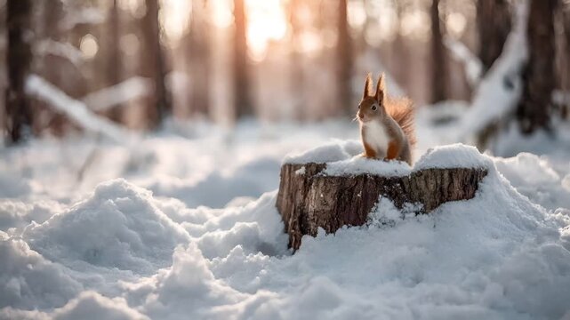 Spring snow ice thaw, end of Winter Season, hope, fresh start. A red squirrel perched atop a snowcovered tree stump, its vibrant red fur contrasting against the white snow. The background is blurred.