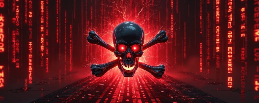 Digital illustration shows dark skull and crossbones with red glowing eyes. Background displays matrix style computer code with red text and digital grid. Threatening cyber danger concept.