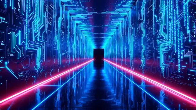Futuristic circuit corridor with neon lights