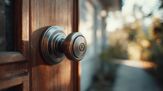 Close-up view of a modern deadbolt lock on a wooden front door in a clean residential area with natural daylight