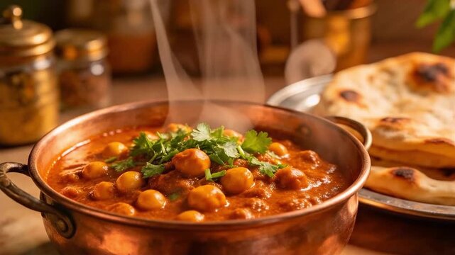 Steaming chana masala chickpea curry in a traditional copper pot with fresh cilantro and naan bread, suitable for food blogs, restaurant menus, recipe websites, and culinary promotions.