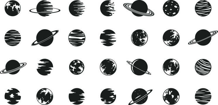 Black and white planet icons for astronomy and space designs