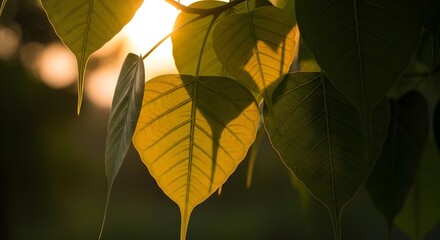 A close-up shot of the heart-shaped leaves of a Bodhi tree (Ficus religiosa) backlit by bright, warm sunlight. The veins of the leaves are visible, and the background is a blur of green and gold.