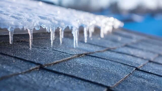 Spring snow ice thaw, end of Winter Season, hope, fresh start. Icicles hanging from the roof of a house, with a blurred background suggesting a cold, likely winter setting.