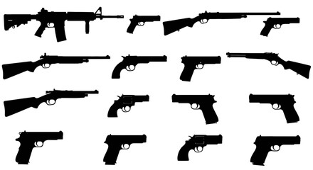 Silhouette collection of various firearms on white background gun pistol rifle handgun assault revolver shotgun