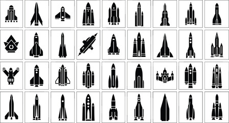 Collection of modern rocket and spacecraft icons in black © Mofajjol