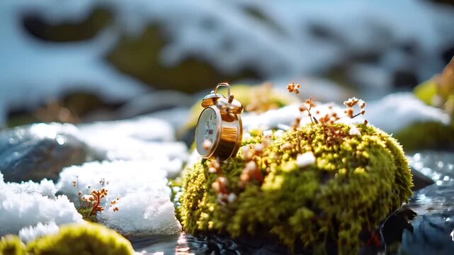 Spring snow ice thaw, end of Winter Season, hope, fresh start. An alarm clock sitting atop a mosscovered rock, surrounded by snow. The clocks face is illuminated.
