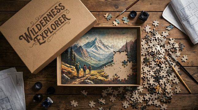 A partially completed landscape jigsaw puzzle in a cardboard box on a wooden table with colored pencils and coffee